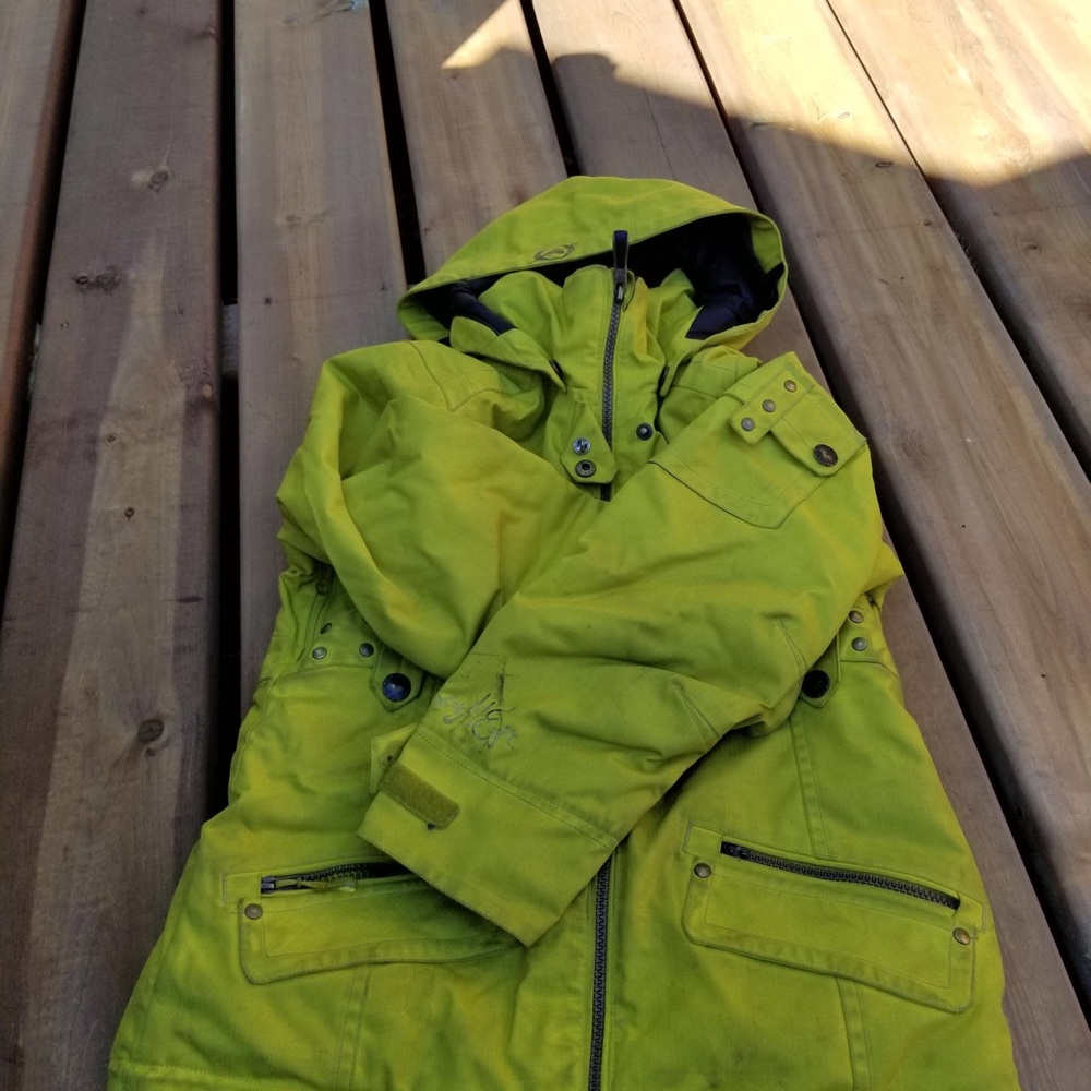 Bright green snow/ski jacket.